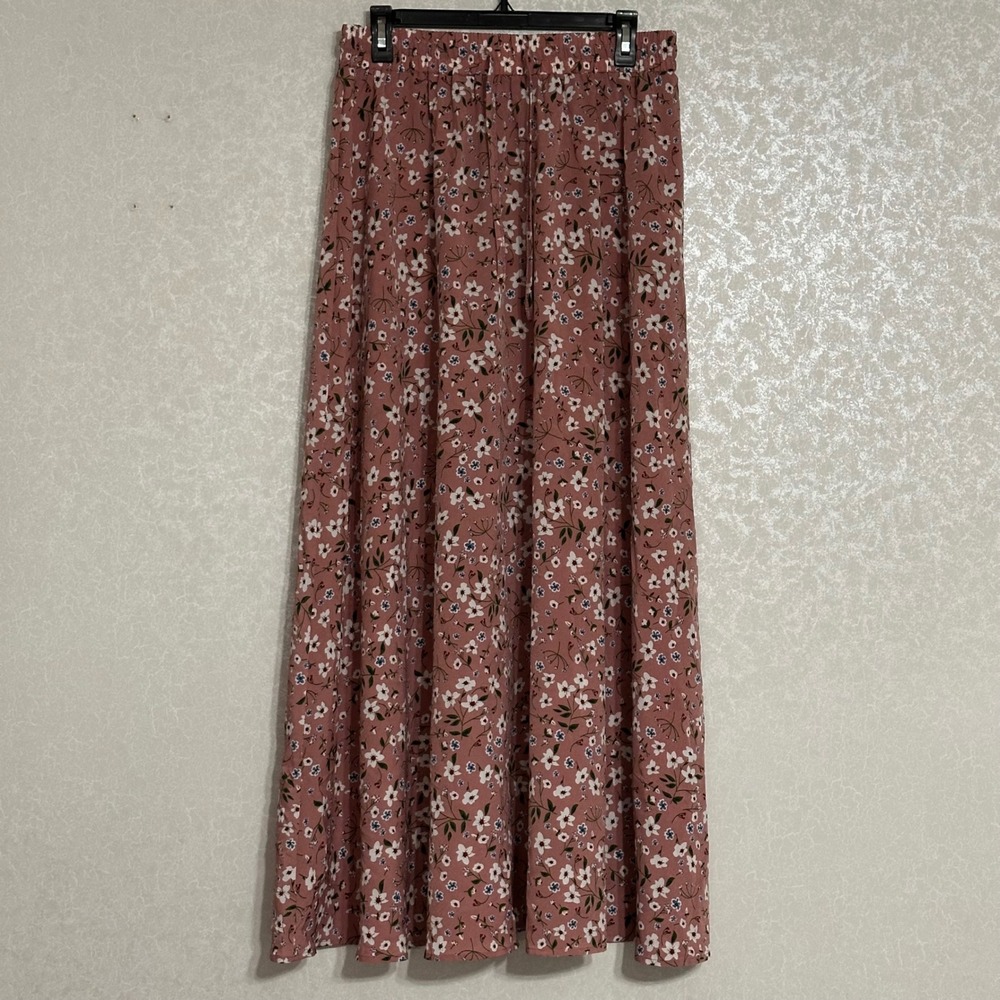 Bluetime Floral Print Maxi Skirt Elastic Tie Waist‎ Boho Pink Cottagecore NWT M